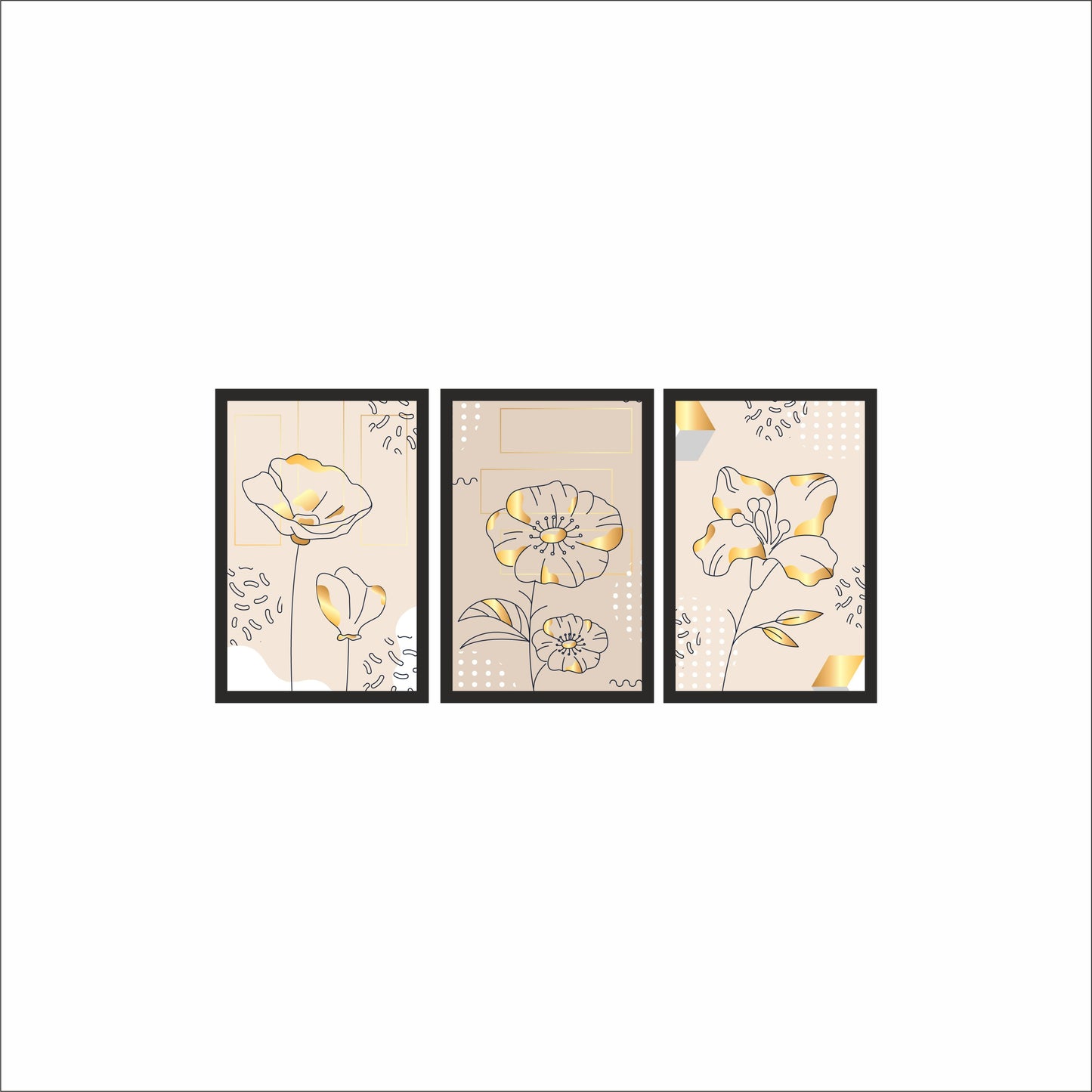 Golden Bloom Abstract Floral Wall Frame Set of 3 – Modern Luxury Line Art for Home & Office Decor 🌸