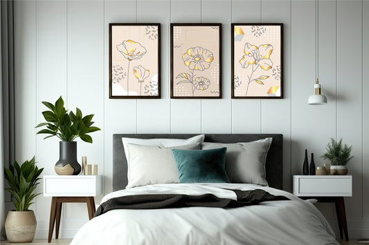 Golden Bloom Abstract Floral Wall Frame Set of 3 – Modern Luxury Line Art for Home & Office Decor 🌸