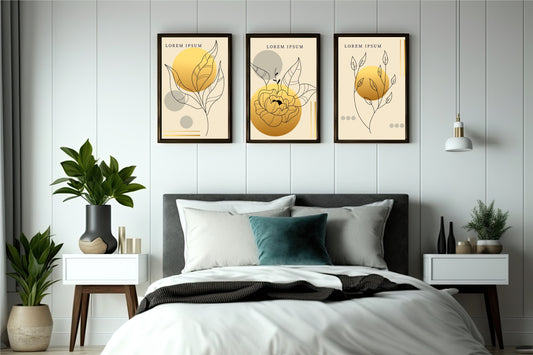 Golden Aura Abstract Floral Wall Frame Set of 3 – Modern Minimal Line Art for Home & Office Decor 🌼