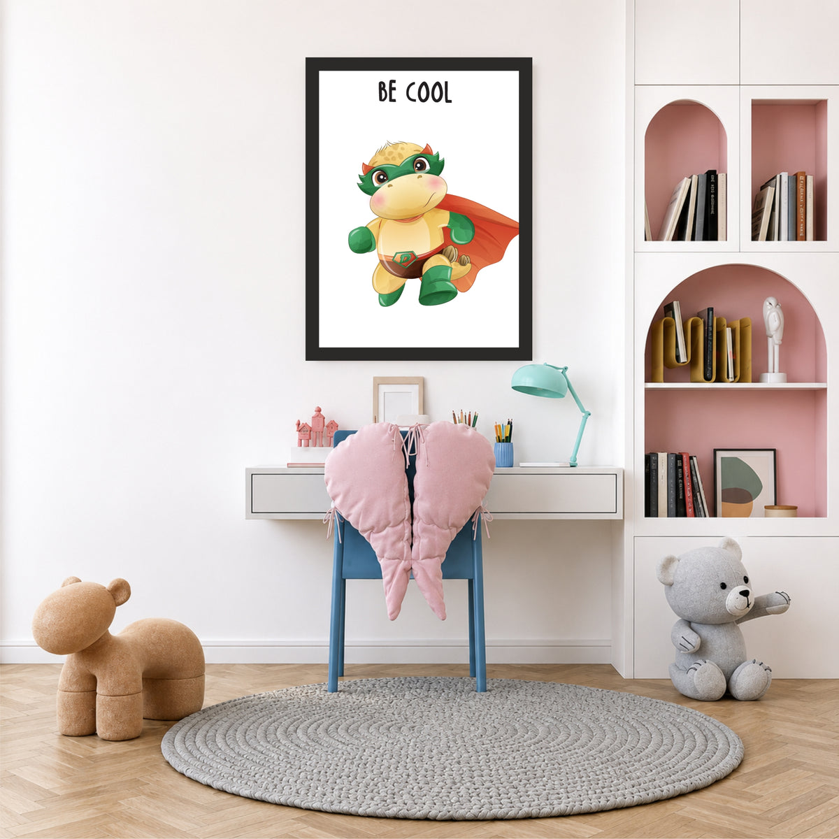 Be Cool Dino Superhero Nursery Wall Art | Cute Dinosaur Kids Room Poster