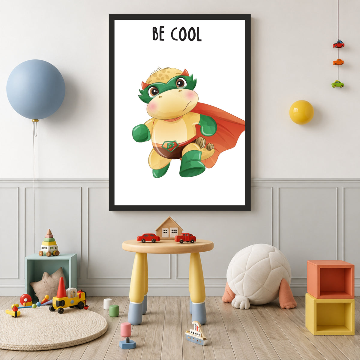 Be Cool Dino Superhero Nursery Wall Art | Cute Dinosaur Kids Room Poster