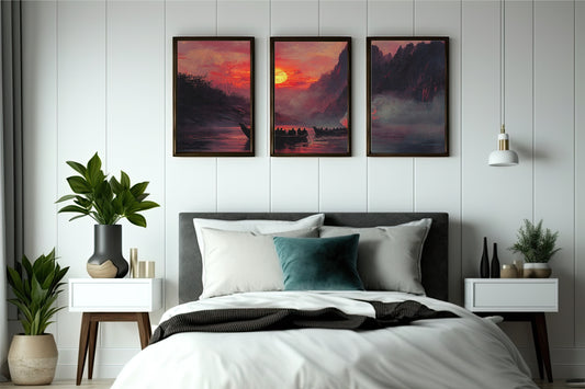 Crimson Sunset Harmony Wall Frame Set – The Art of Peace and Warmth