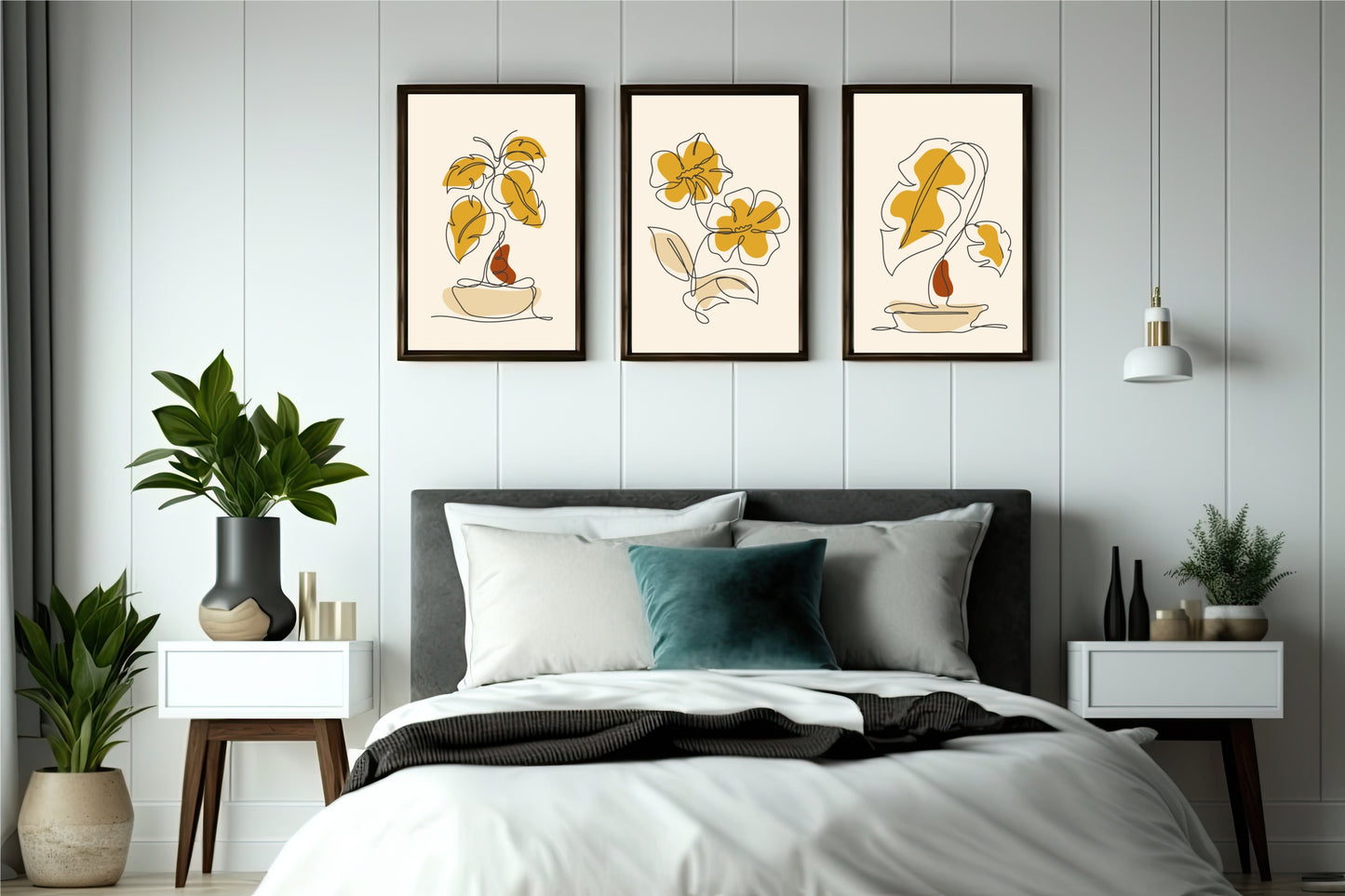 Golden Blossom Harmony Wall Frame Set of 3 – Floral Line Art with Diya for Home & Spiritual Decor 🪔🌼