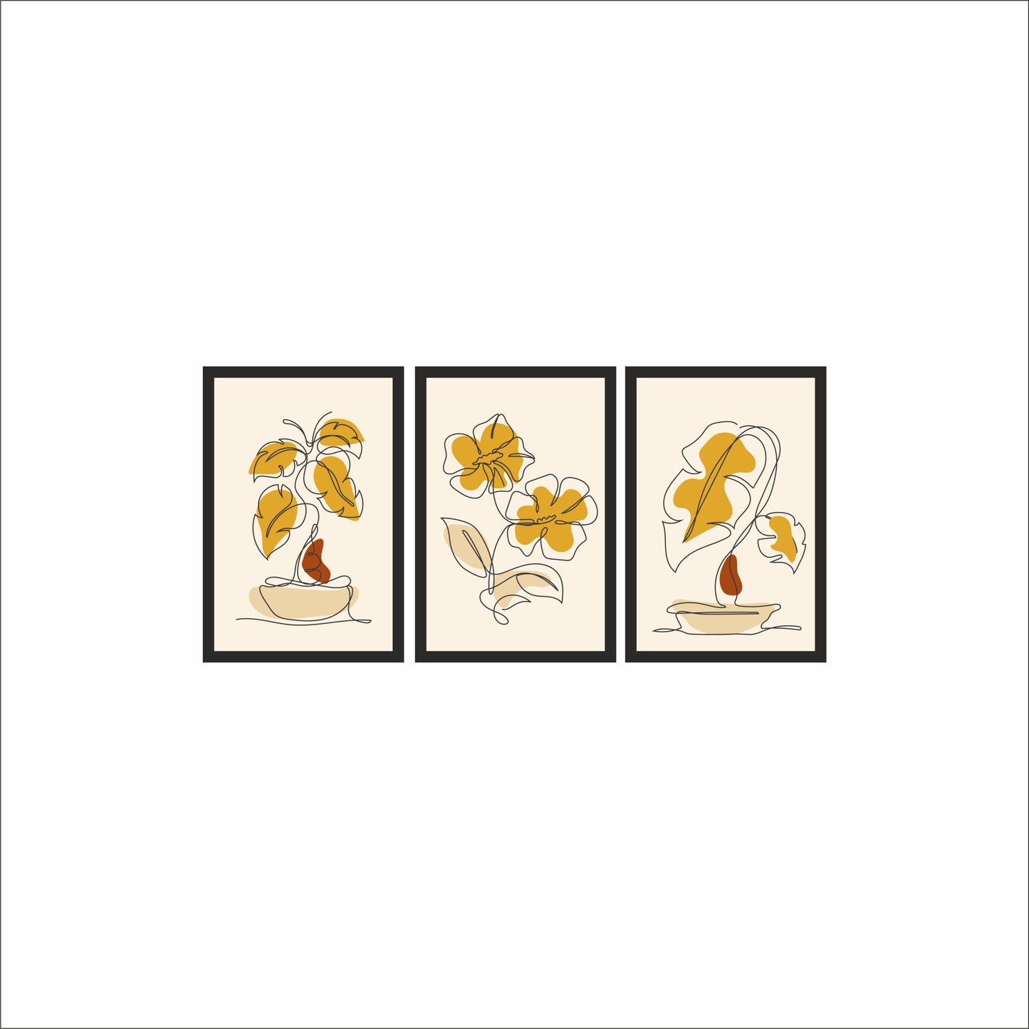 Golden Blossom Harmony Wall Frame Set of 3 – Floral Line Art with Diya for Home & Spiritual Decor 🪔🌼