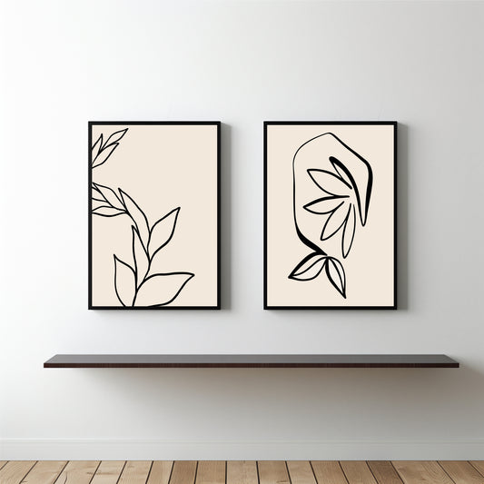Abstract Botanical Line Art Wall Frame Set of 2 – Modern Beige Aesthetic 🌿🖤