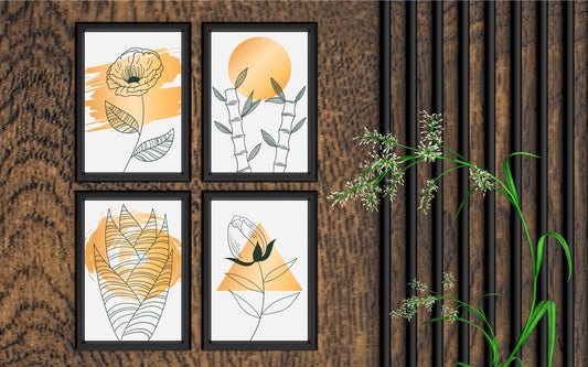 Abstract Botanical Line Art Wall Frame Set of 4 – Modern Yellow Aesthetic 🌿☀️