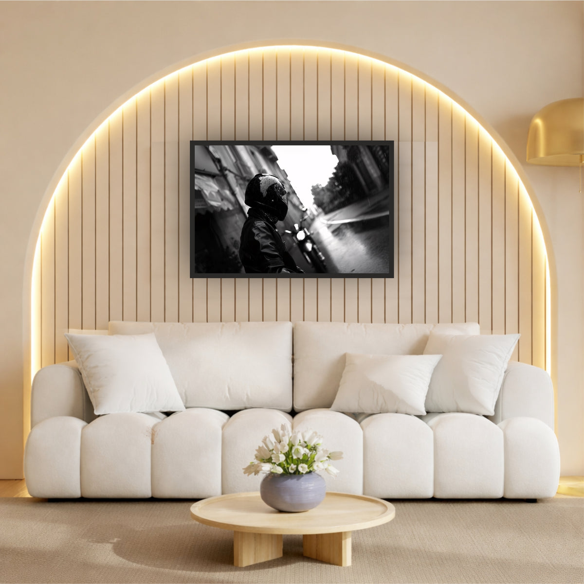 Motorcycle Rider Wall Art | Black & White Urban Photography | Rainy Street Fine Art Canvas Print | Minimalist Industrial Wall Decor