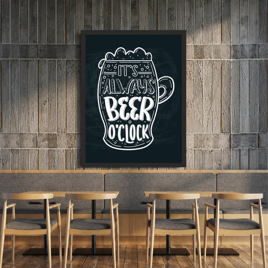 Beer O’Clock Wall Art | Funny Beer Mug Framed Poster | Pub, Bar & Man Cave Décor | Beer Lover Wall Art