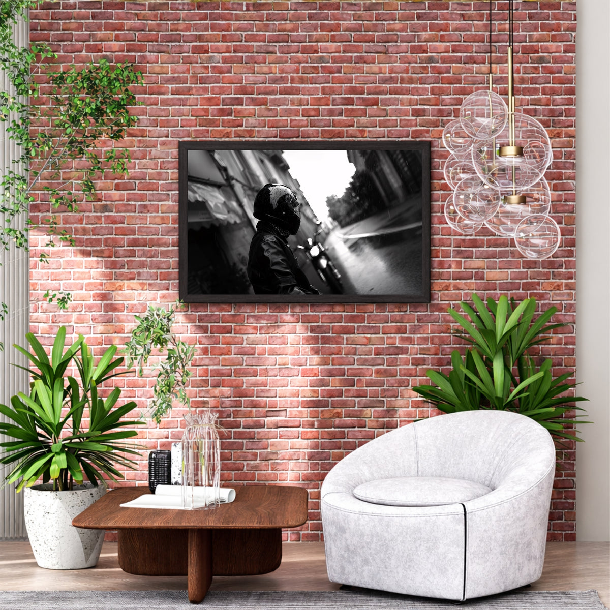Motorcycle Rider Wall Art | Black & White Urban Photography | Rainy Street Fine Art Canvas Print | Minimalist Industrial Wall Decor