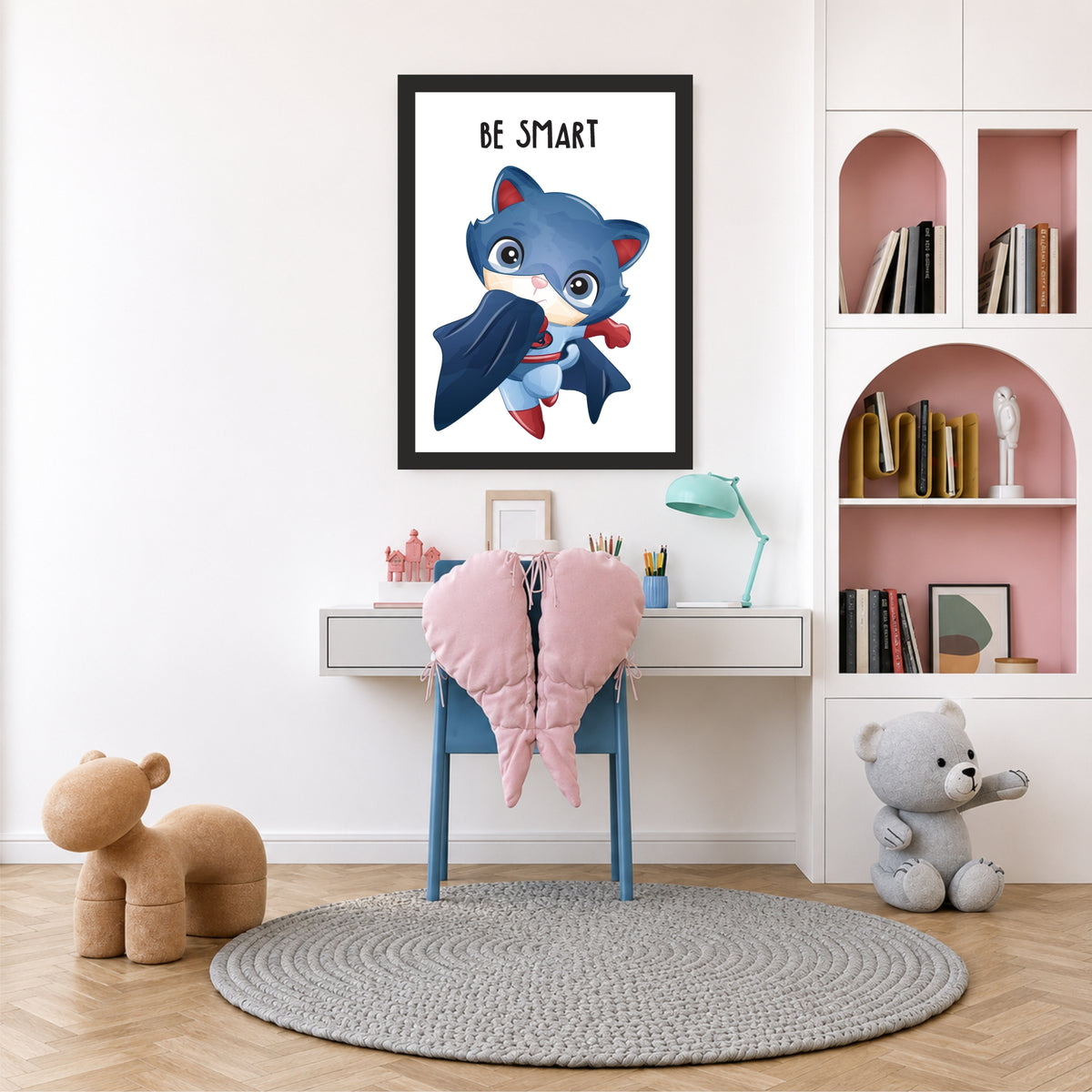 Be Smart Superhero Cat Nursery Wall Art | Cute Kids Room Poster