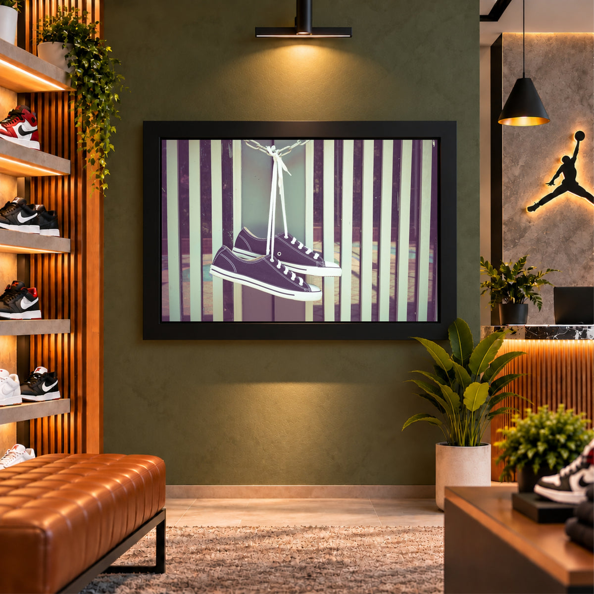 Purple Sneakers Wall Art | Hanging Shoes Artwork | Vintage Footwear Decor