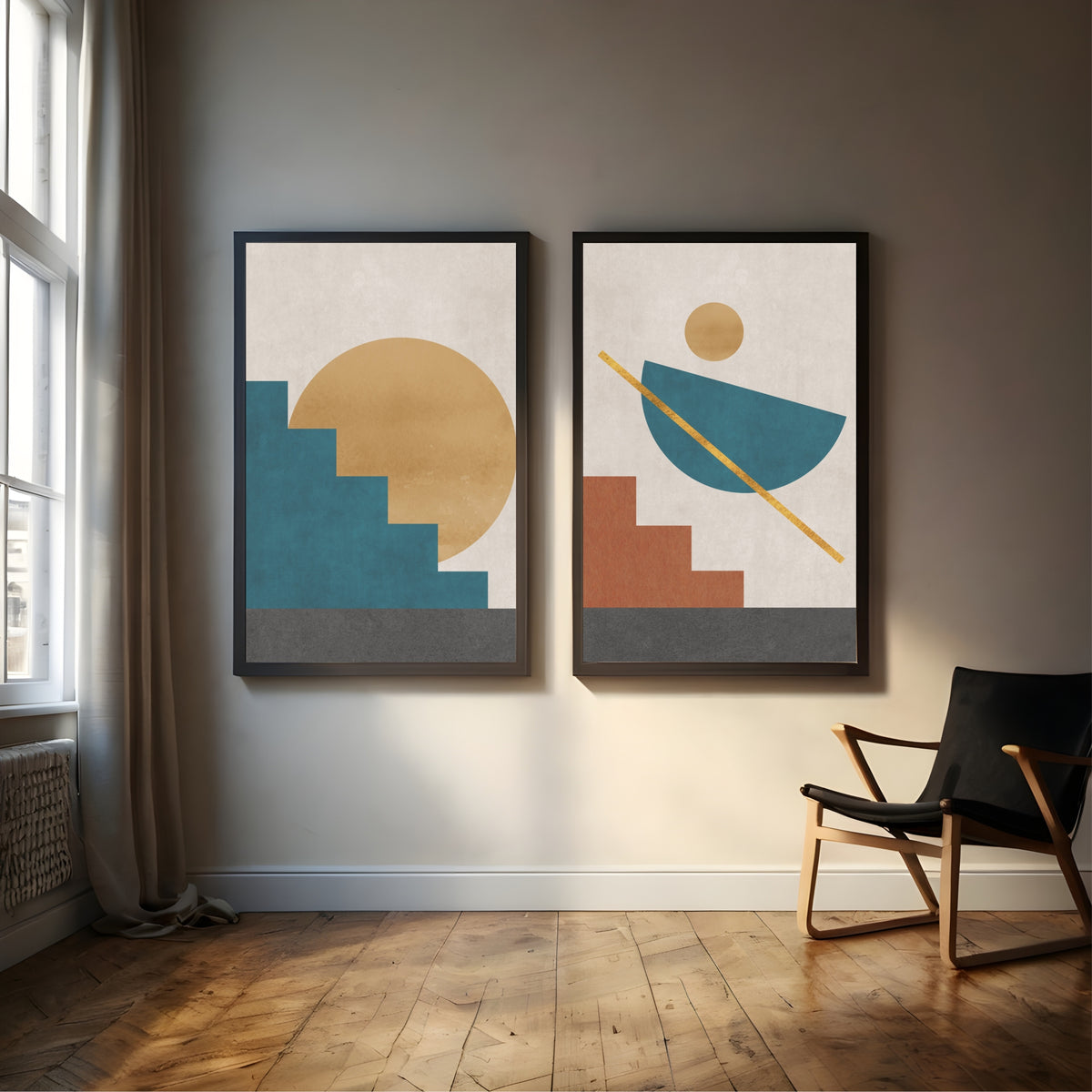 Mid Century Modern Geometric Wall Art Set of 2 | Teal Mustard Abstract Sun Prints