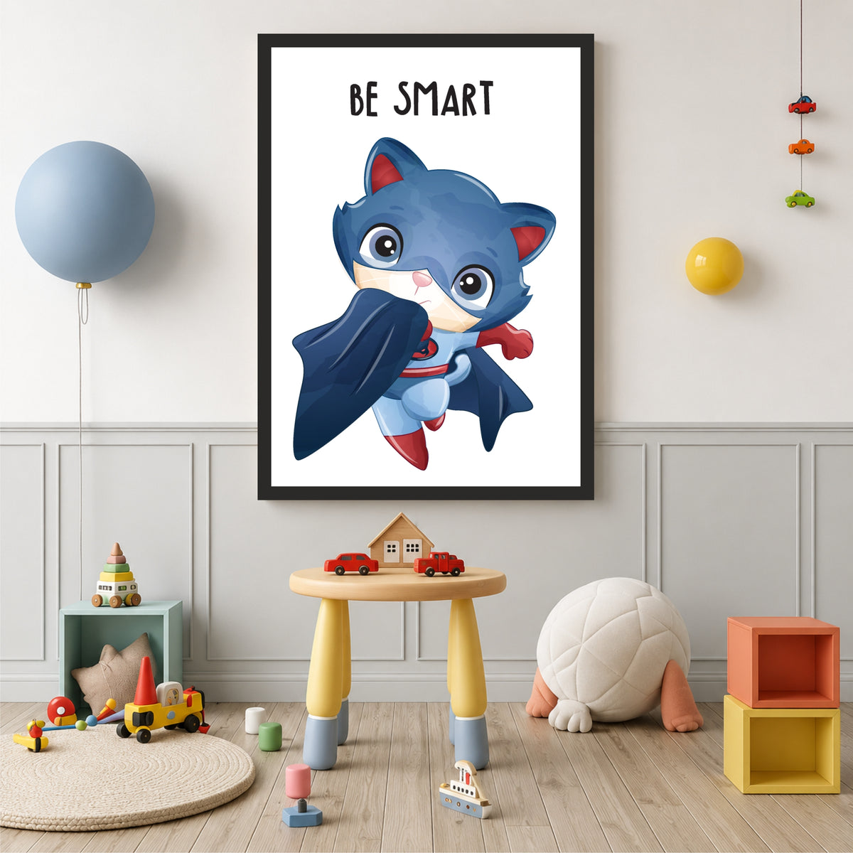 Be Smart Superhero Cat Nursery Wall Art | Cute Kids Room Poster