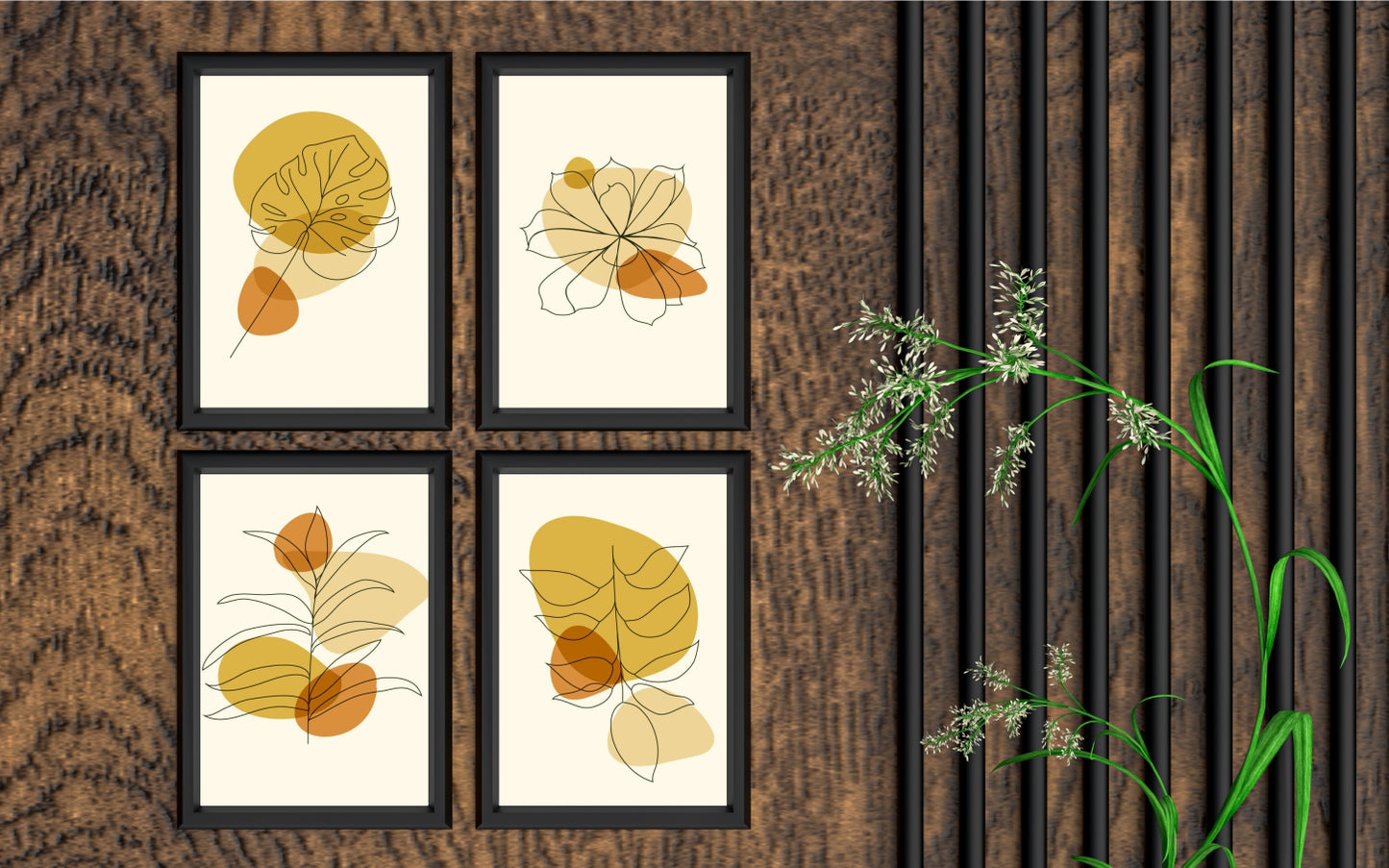 Golden Botanical Bliss – Abstract Leaf Wall Frame Set of 4 🍂✨