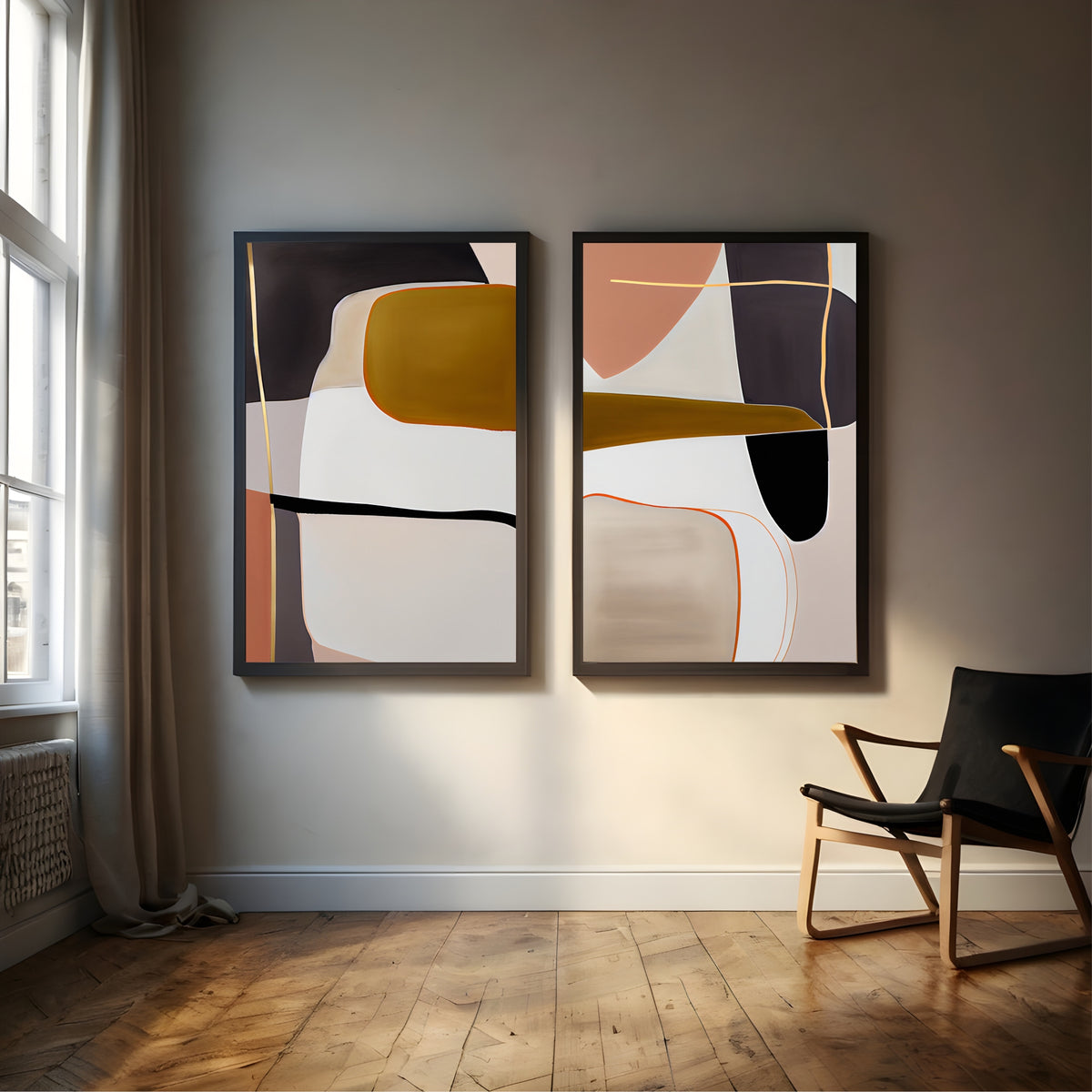 Abstract Geometric Wall Art Set of 2 | Modern Minimalist Black Gold & Mustard Prints