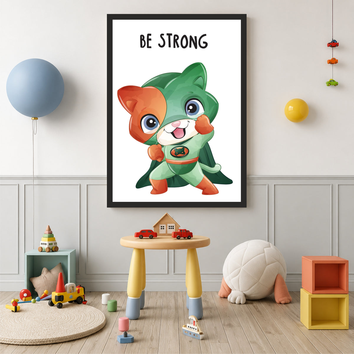 Be Strong Superhero Cat Wall Art | Cute Kids Room Poster