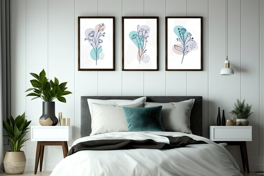 Blue Botanical Line Art Wall Frame Set of 3 – Minimal Floral Wall Décor for Modern Interiors