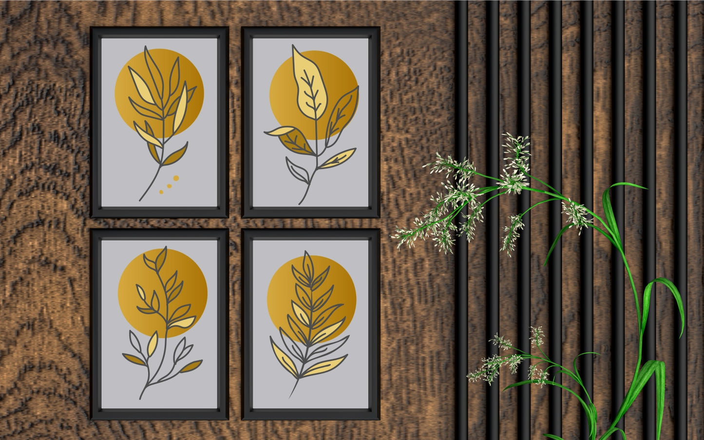Golden Botanical Wall Frame Set of 4 – Luxury Abstract Leaf Art for Modern Home & Office Décor 🌿