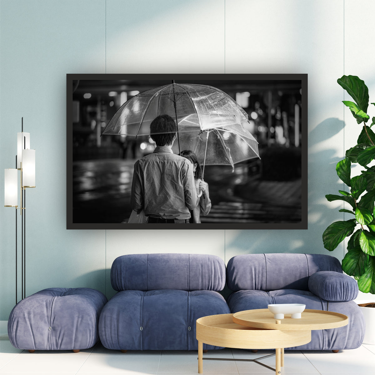 Romantic Couple Under Umbrella Wall Art | Black & White Rain Photography | Fine Art Love Canvas Print | Minimalist Bedroom Wall Decor