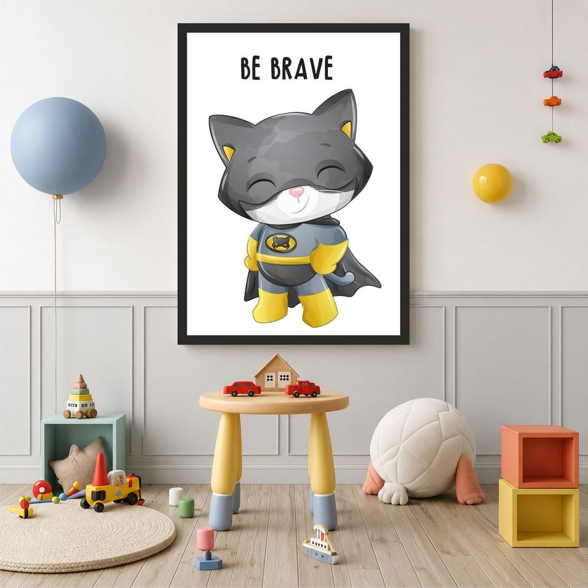 Be Brave Superhero Cat Wall Art | Cute Kids Room Poster