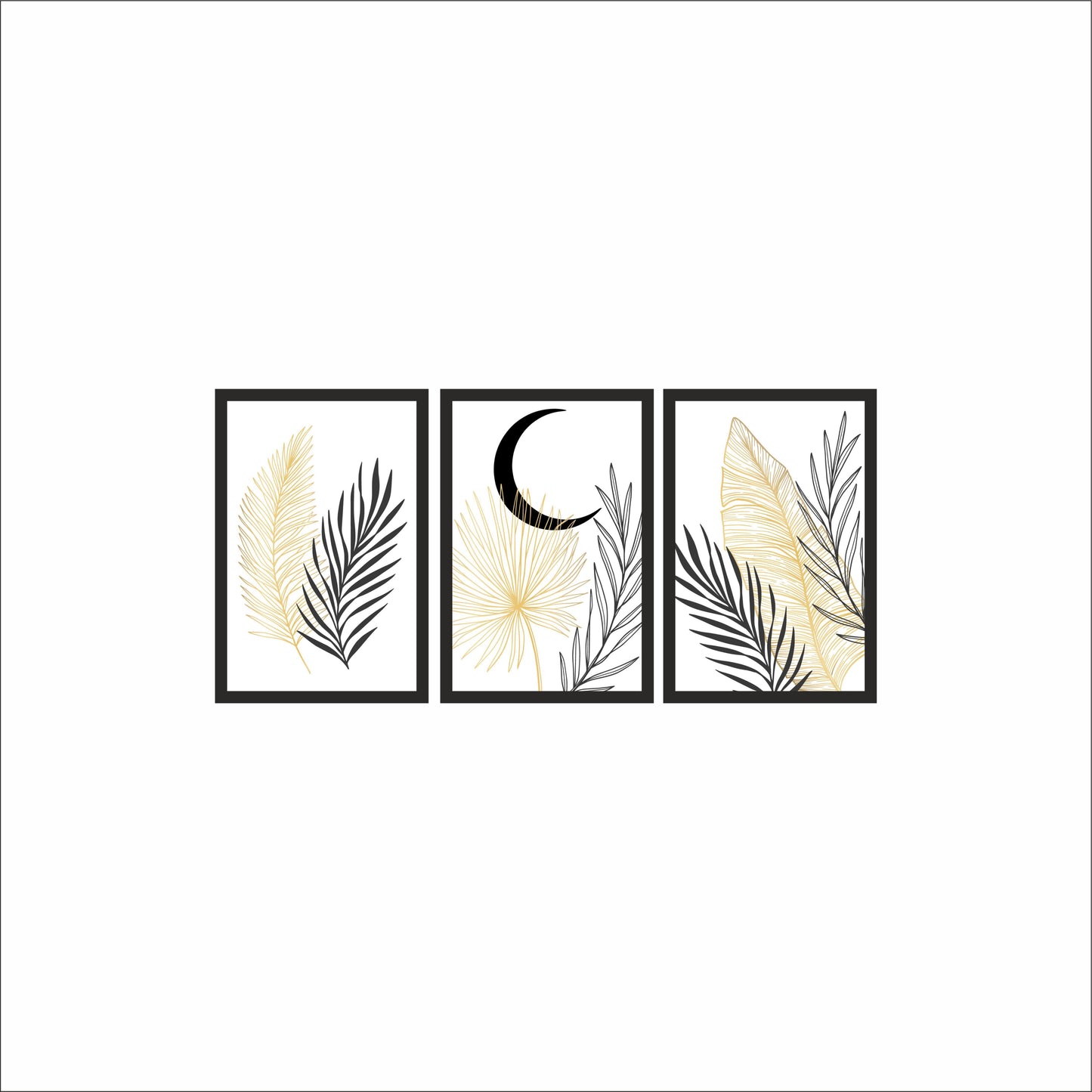 🌙 Golden Moon & Botanical Leaf Wall Frame Set of 3 – Modern Minimal Home Décor 🤍