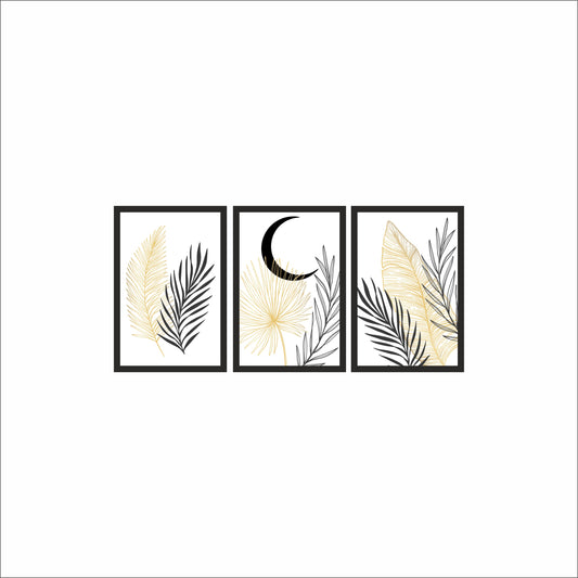 🌙 Golden Moon & Botanical Leaf Wall Frame Set of 3 – Modern Minimal Home Décor 🤍