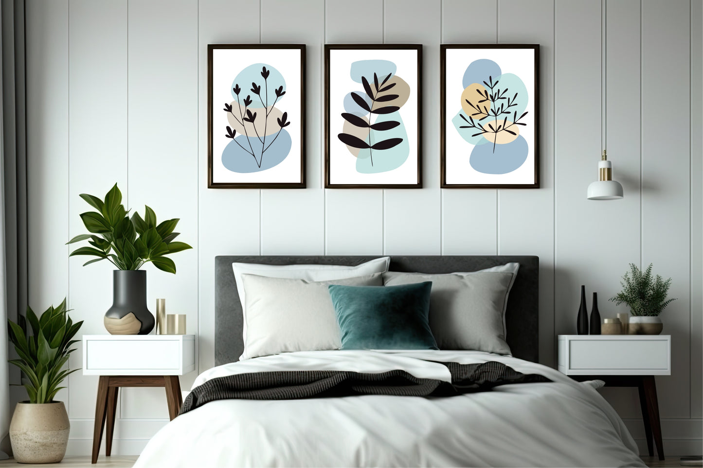 💙 Soft Pastel Botanical Wall Frame Set of 3 – Minimal Nature Abstract Art for Modern Interiors 🌿