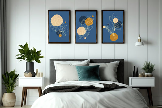 💛 Midnight Botanical Abstract Wall Frame Set of 3 – Premium Modern Home Décor 🌙
