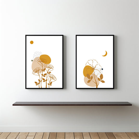 Golden Botanical Duo – Minimal Line Art Floral Wall Frame Set 🌼