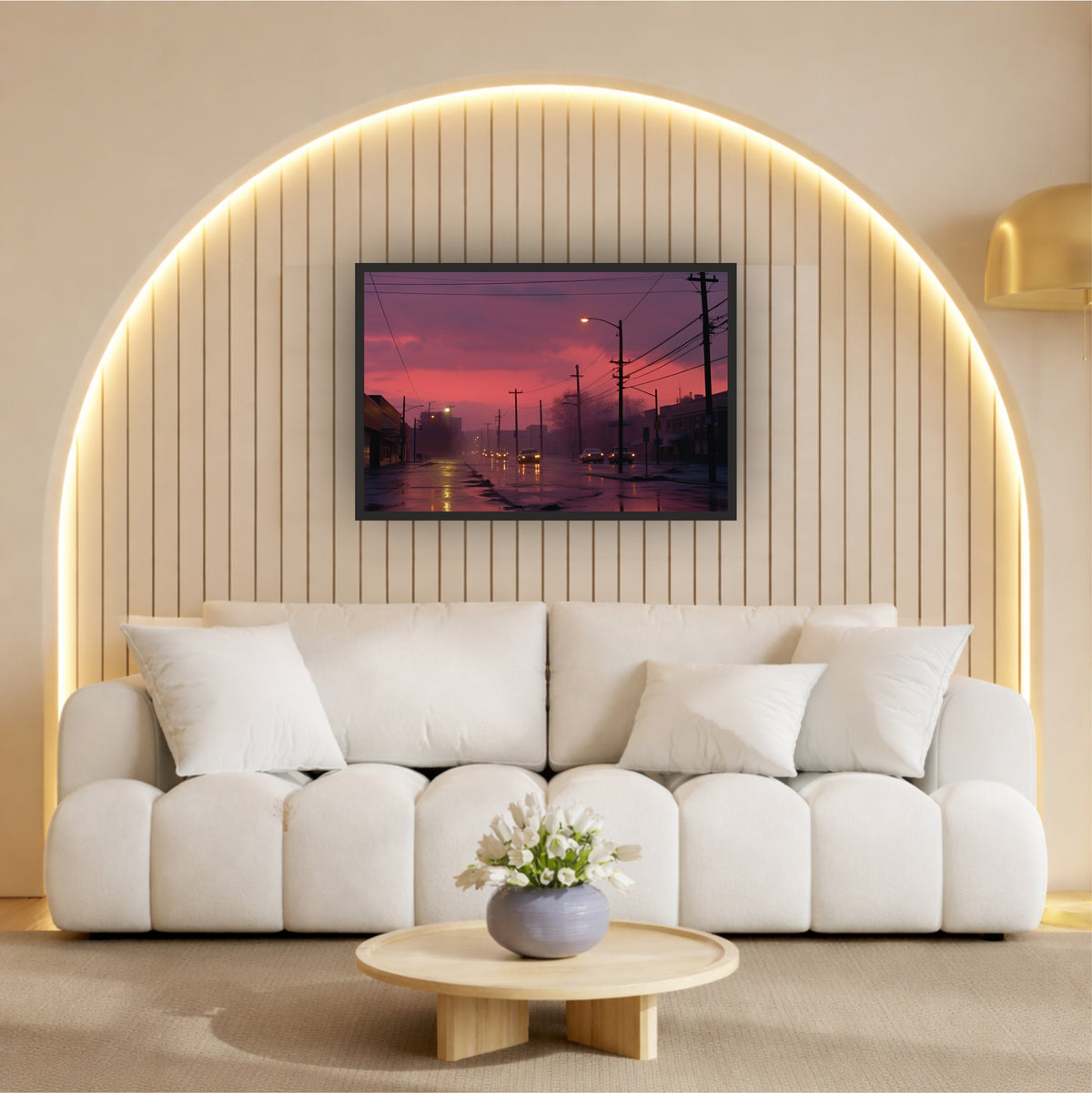 Foggy City Street Wall Art | Moody Urban Landscape Photography | Sunset Fine Art Canvas Print | Modern Minimalist Wall Decor