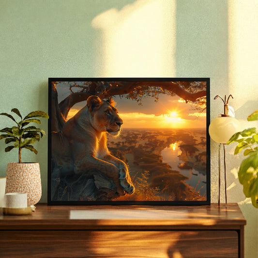 Lioness Wall Art | African Safari Sunset Wildlife Artwork | Framed Lioness Nature Print | Safari Wall Decor