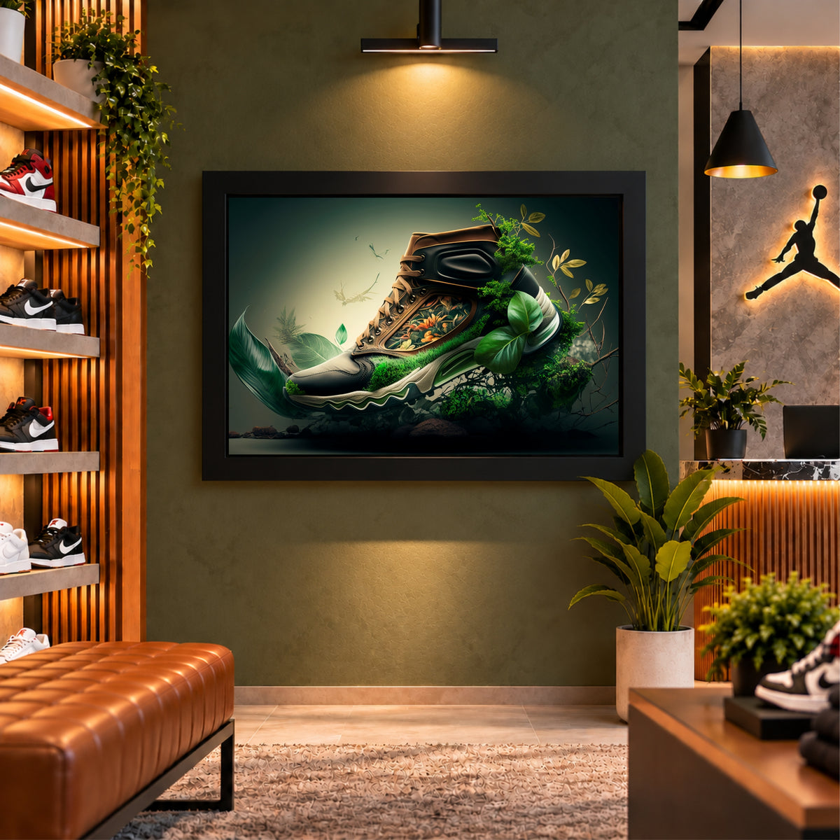 Nature Sneakers Wall Art | Green Botanical Shoes Artwork | Modern Decor