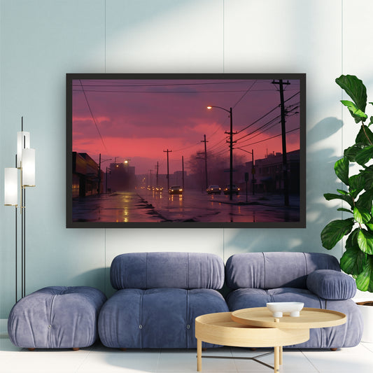 Foggy City Street Wall Art | Moody Urban Landscape Photography | Sunset Fine Art Canvas Print | Modern Minimalist Wall Decor