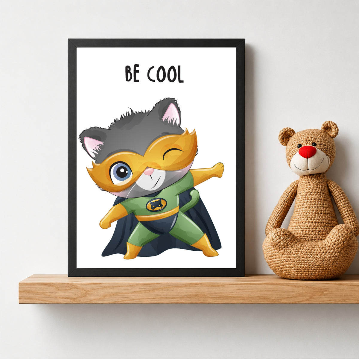Be Cool Superhero Cat Wall Art | Cute Kids Room Poster