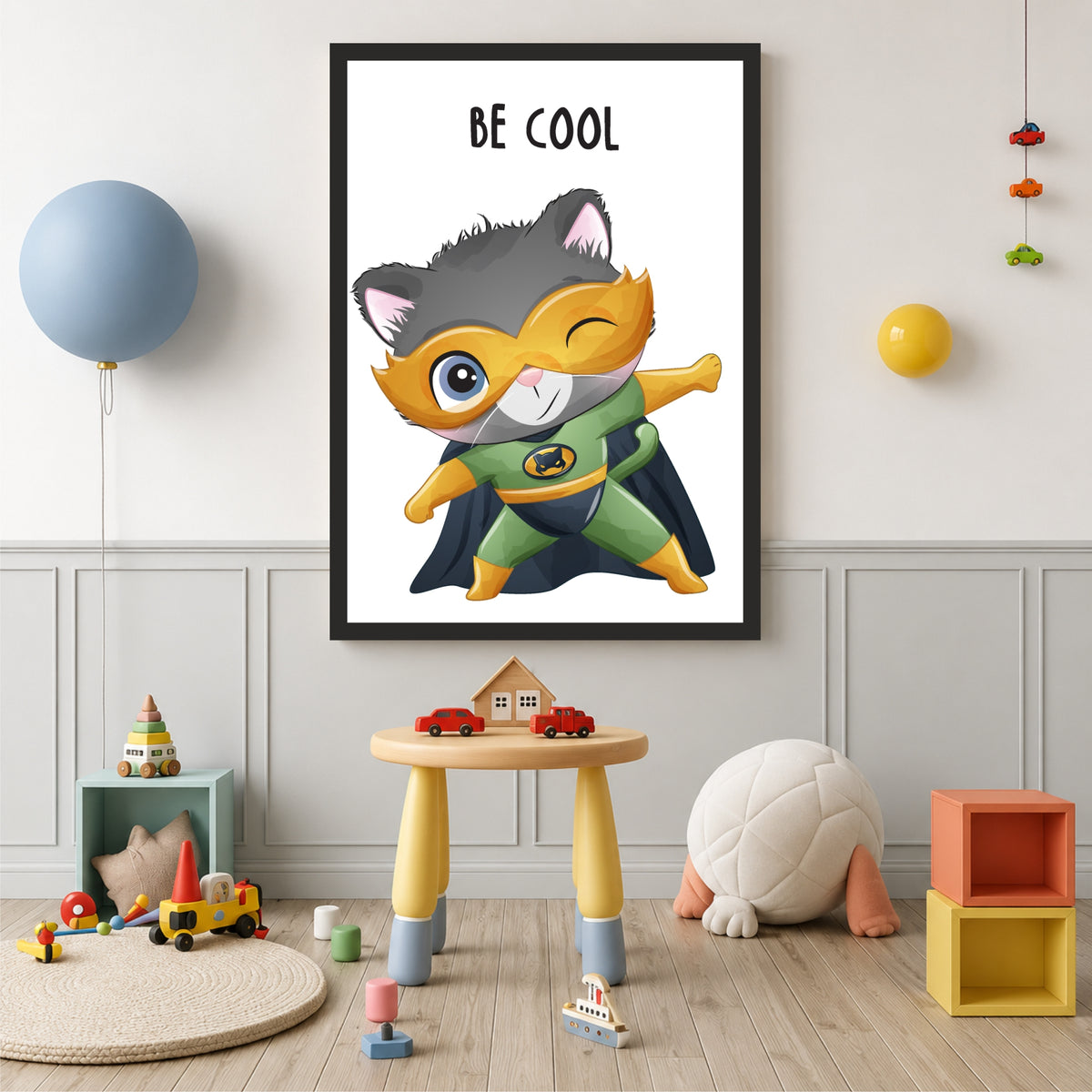 Be Cool Superhero Cat Wall Art | Cute Kids Room Poster