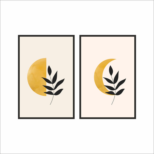 Golden Leaf Harmony Duo – Minimal Abstract Botanical Wall Frame Set 🌿