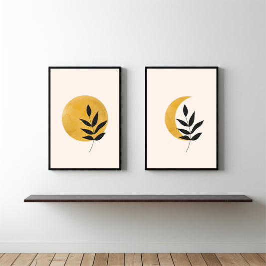 Golden Leaf Harmony Duo – Minimal Abstract Botanical Wall Frame Set 🌿