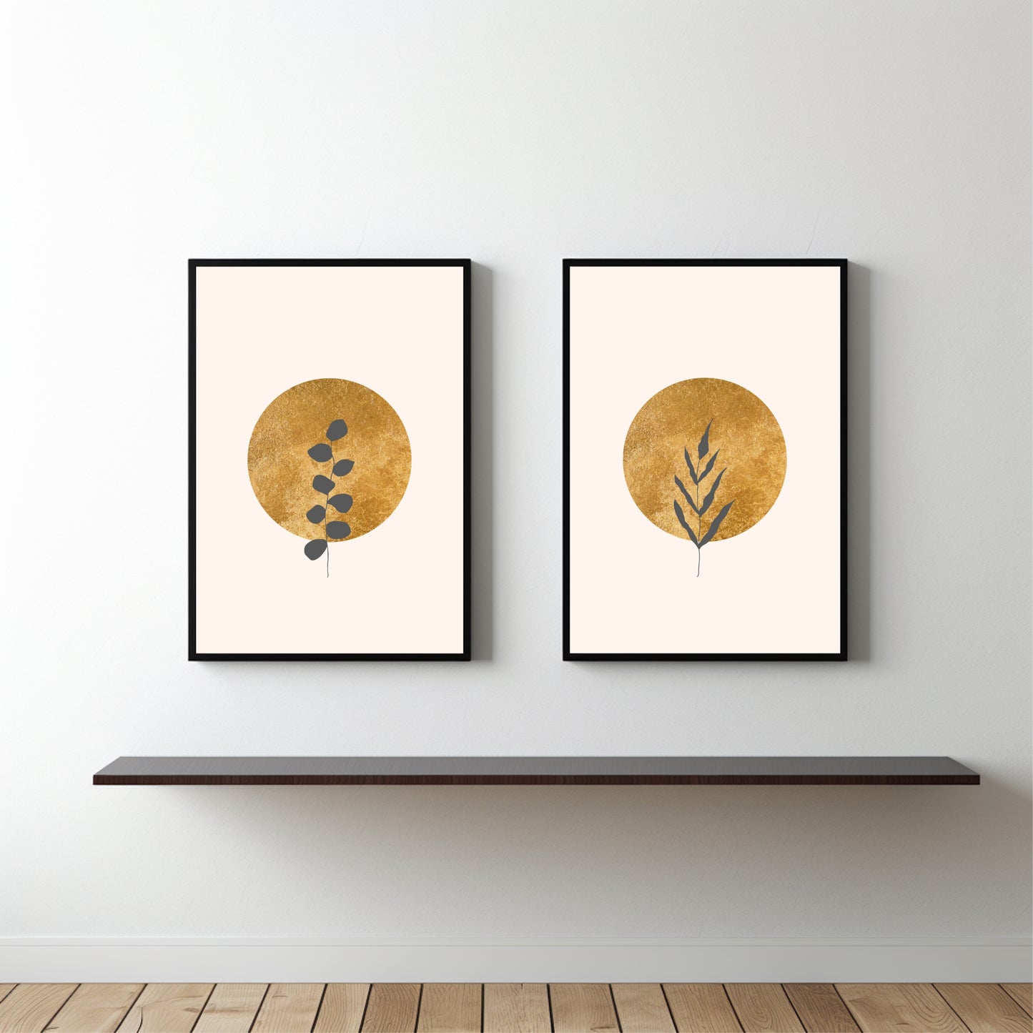 Golden Botanical Glow Duo – Minimal Abstract Nature Wall Frame Set 🌾