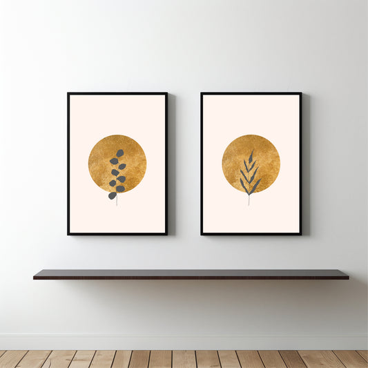 Golden Botanical Glow Duo – Minimal Abstract Nature Wall Frame Set 🌾