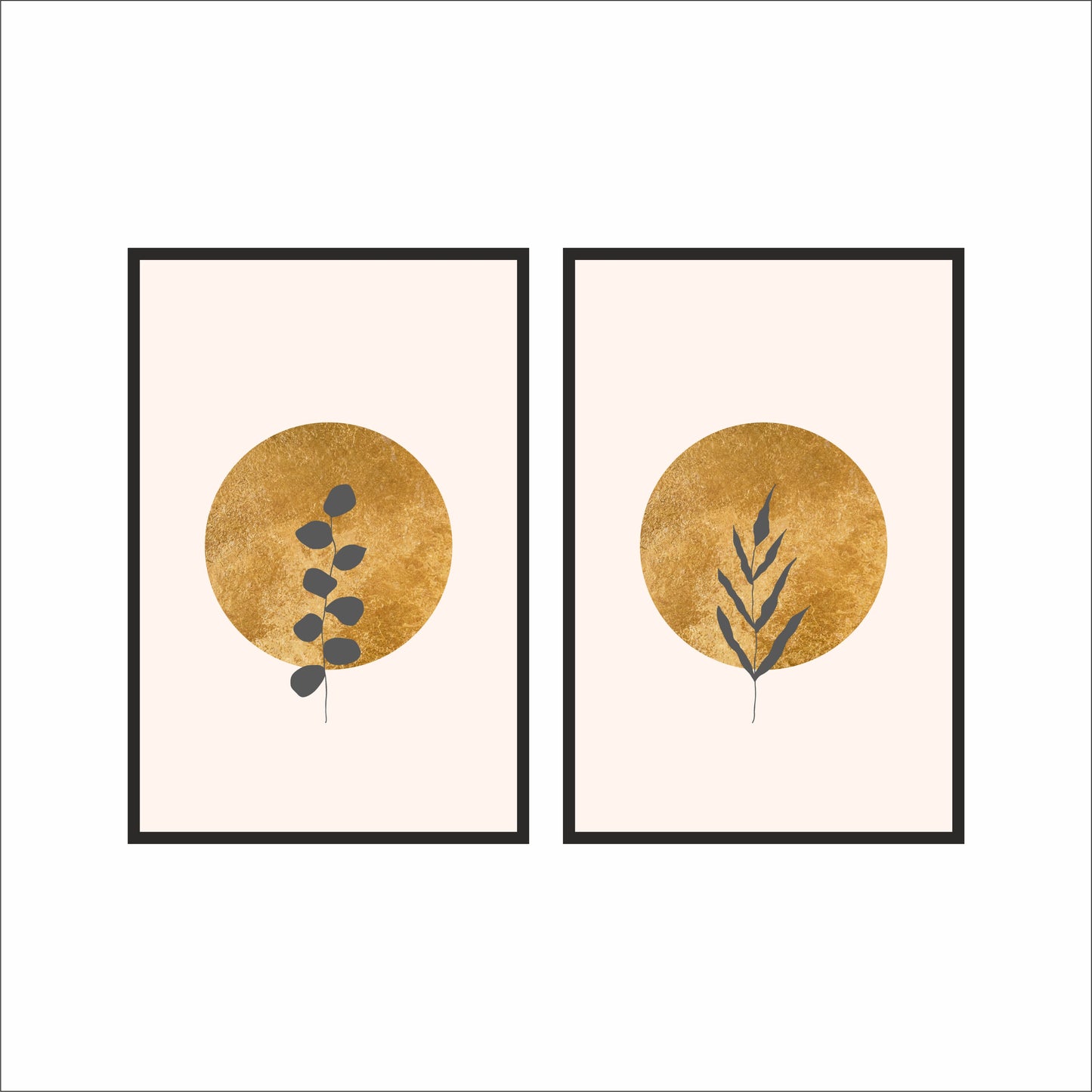 Golden Botanical Glow Duo – Minimal Abstract Nature Wall Frame Set 🌾