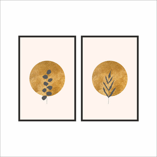 Golden Botanical Glow Duo – Minimal Abstract Nature Wall Frame Set 🌾