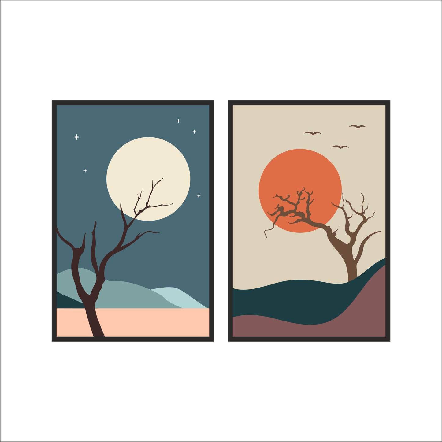 Sun & Moon Serenity Wall Frame Set – Abstract Nature Art for Modern Spaces 🌙☀️