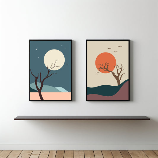 Sun & Moon Serenity Wall Frame Set – Abstract Nature Art for Modern Spaces 🌙☀️