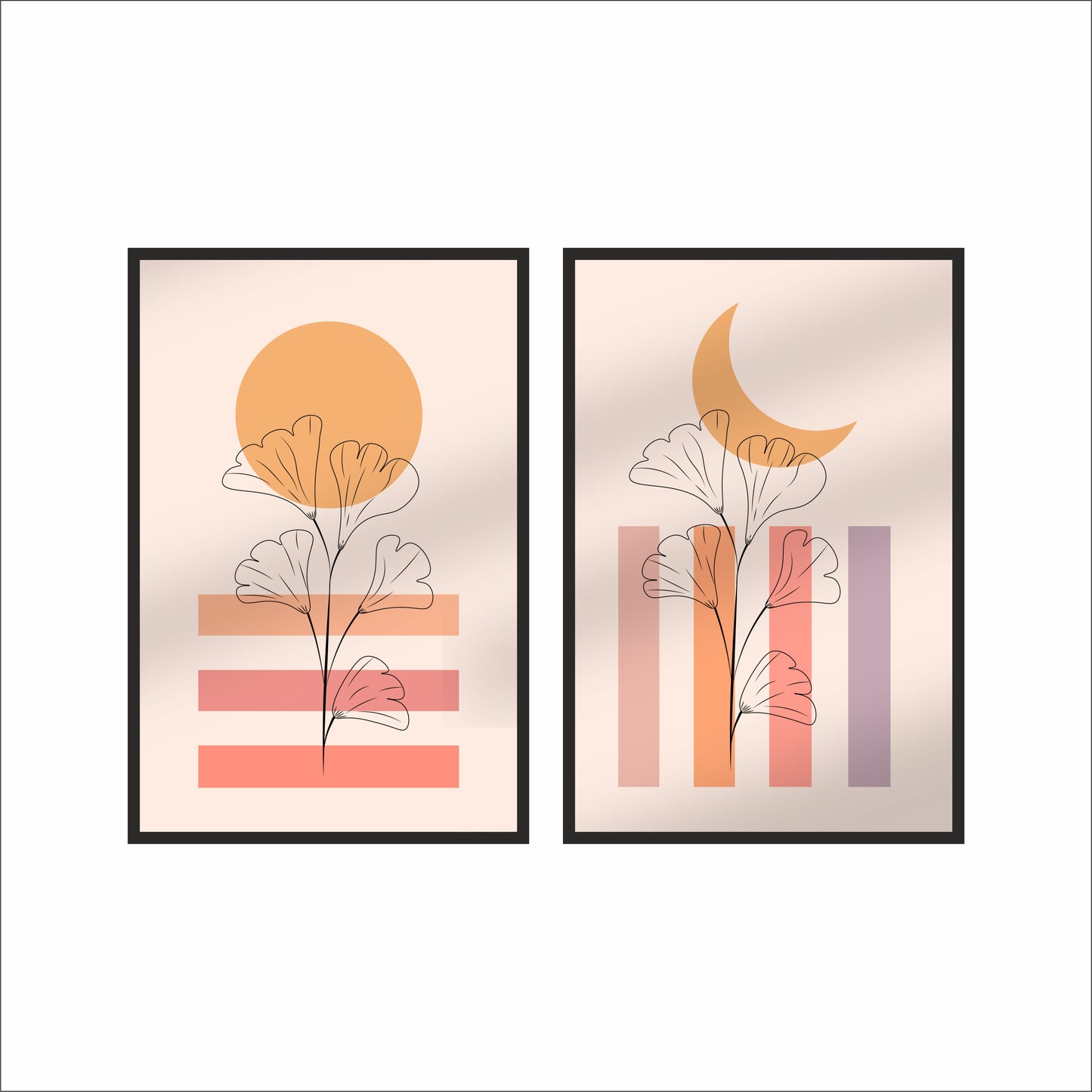Sun & Moon Bloom Wall Frame Set – Abstract Floral Minimalist Art for Elegant Interiors 🌞🌙