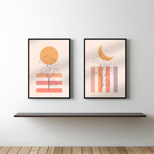 Sun & Moon Bloom Wall Frame Set – Abstract Floral Minimalist Art for Elegant Interiors 🌞🌙