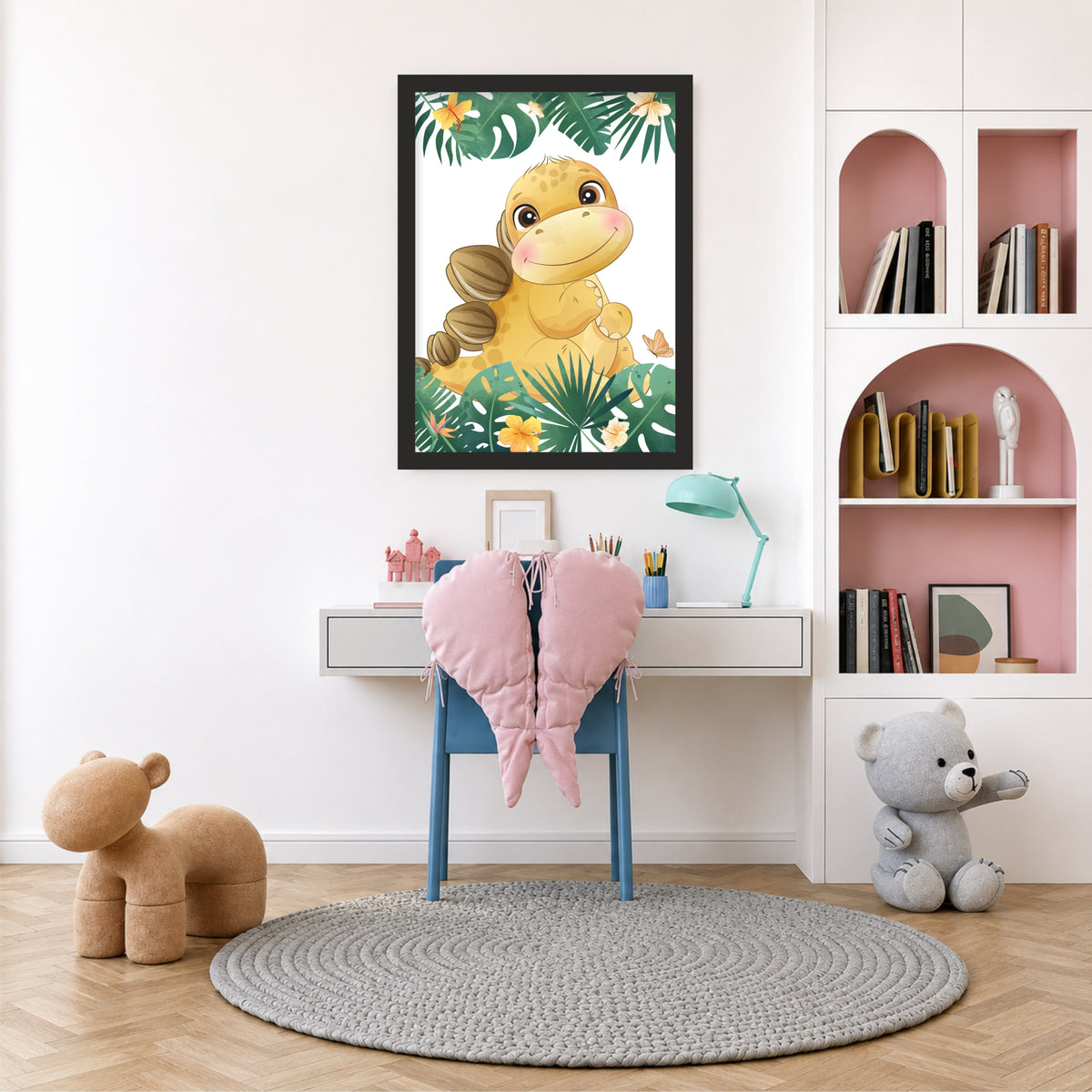 Cute Dino Jungle Nursery Wall Art | Tropical Dino Kids Room Poster