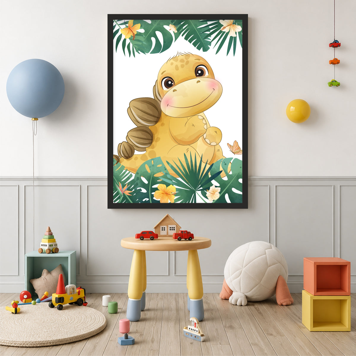 Cute Dino Jungle Nursery Wall Art | Tropical Dino Kids Room Poster