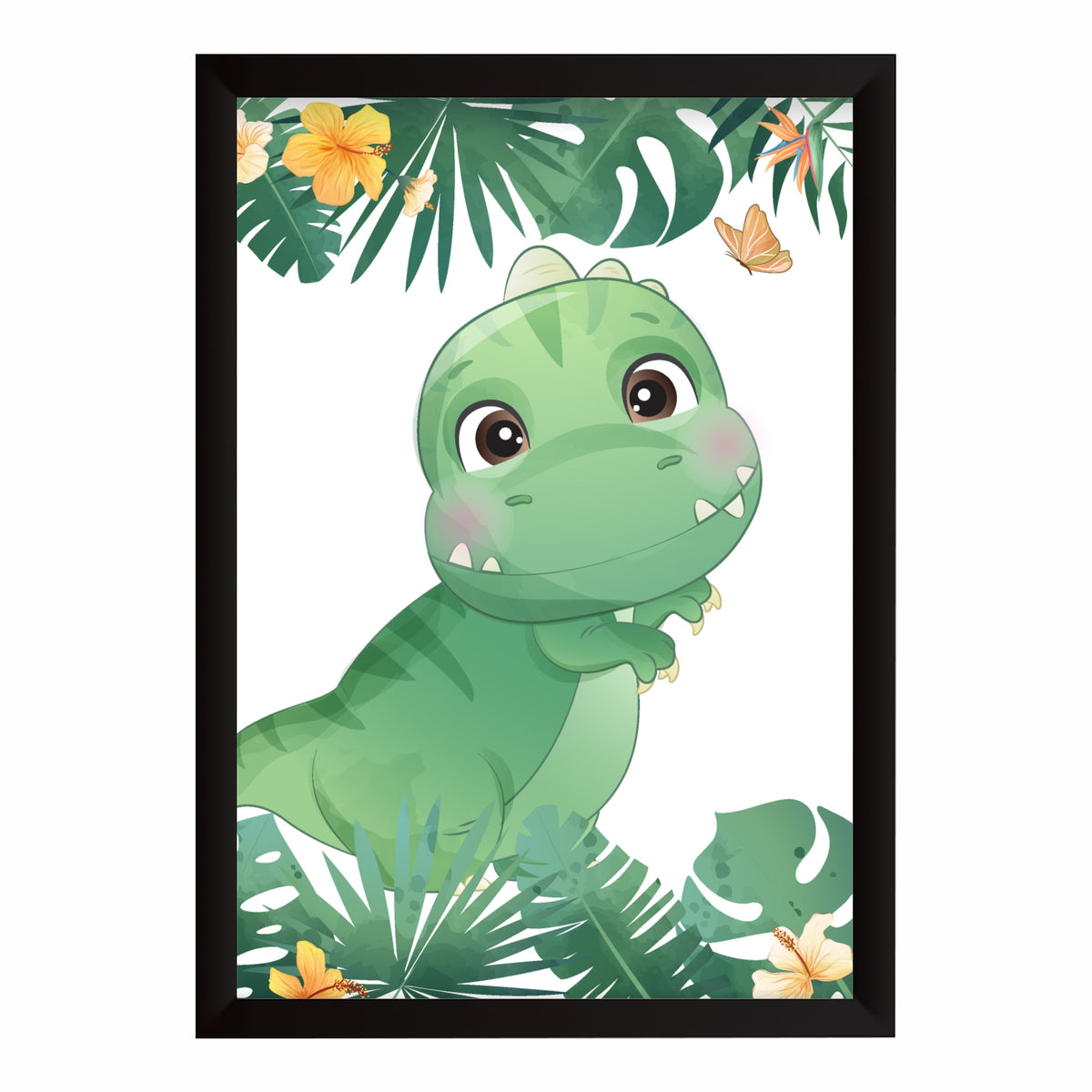 Cute Green Dino Jungle Wall Art | Tropical Dino Kids Room Poster | Dinosaur Nursery Decor