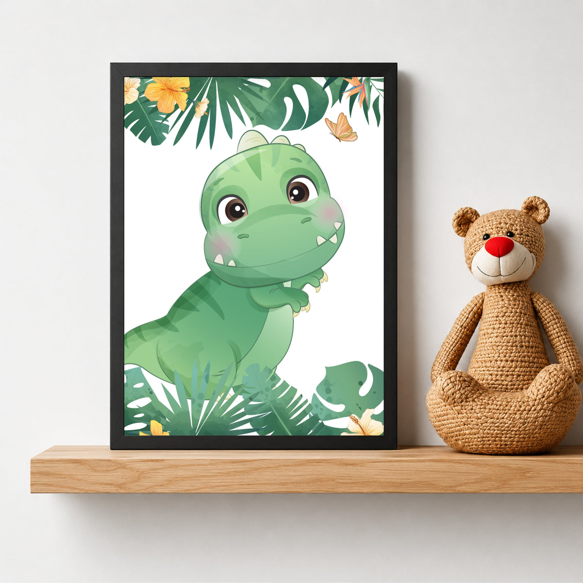 Cute Green Dino Jungle Wall Art | Tropical Dino Kids Room Poster | Dinosaur Nursery Decor