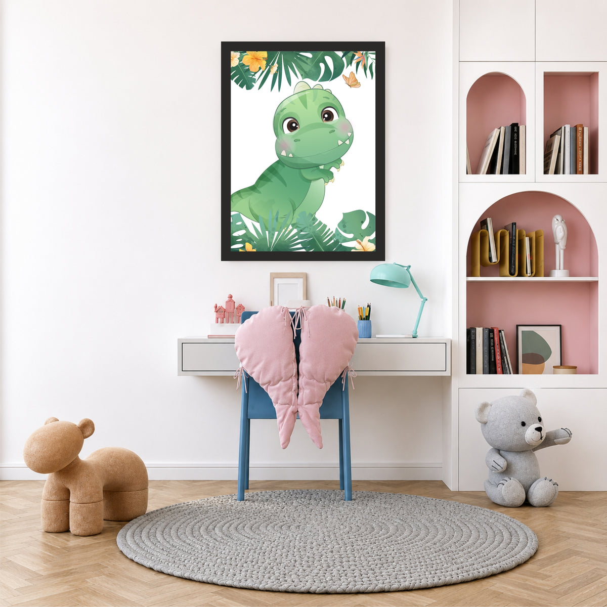 Cute Green Dino Jungle Wall Art | Tropical Dino Kids Room Poster | Dinosaur Nursery Decor